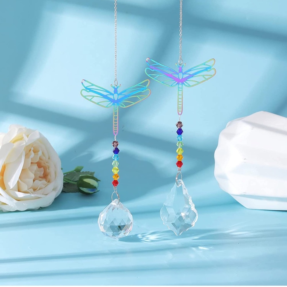 Beautiful 2 pcs Sun Catcher Crystal Dragonfly Rainbow Maker Drops Hangers